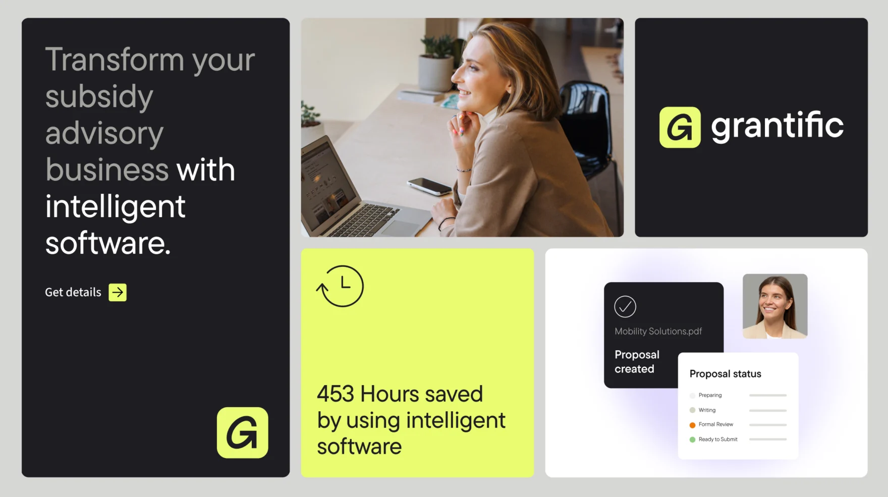 Grantific website design mockups showing hero text and proposal dashboard