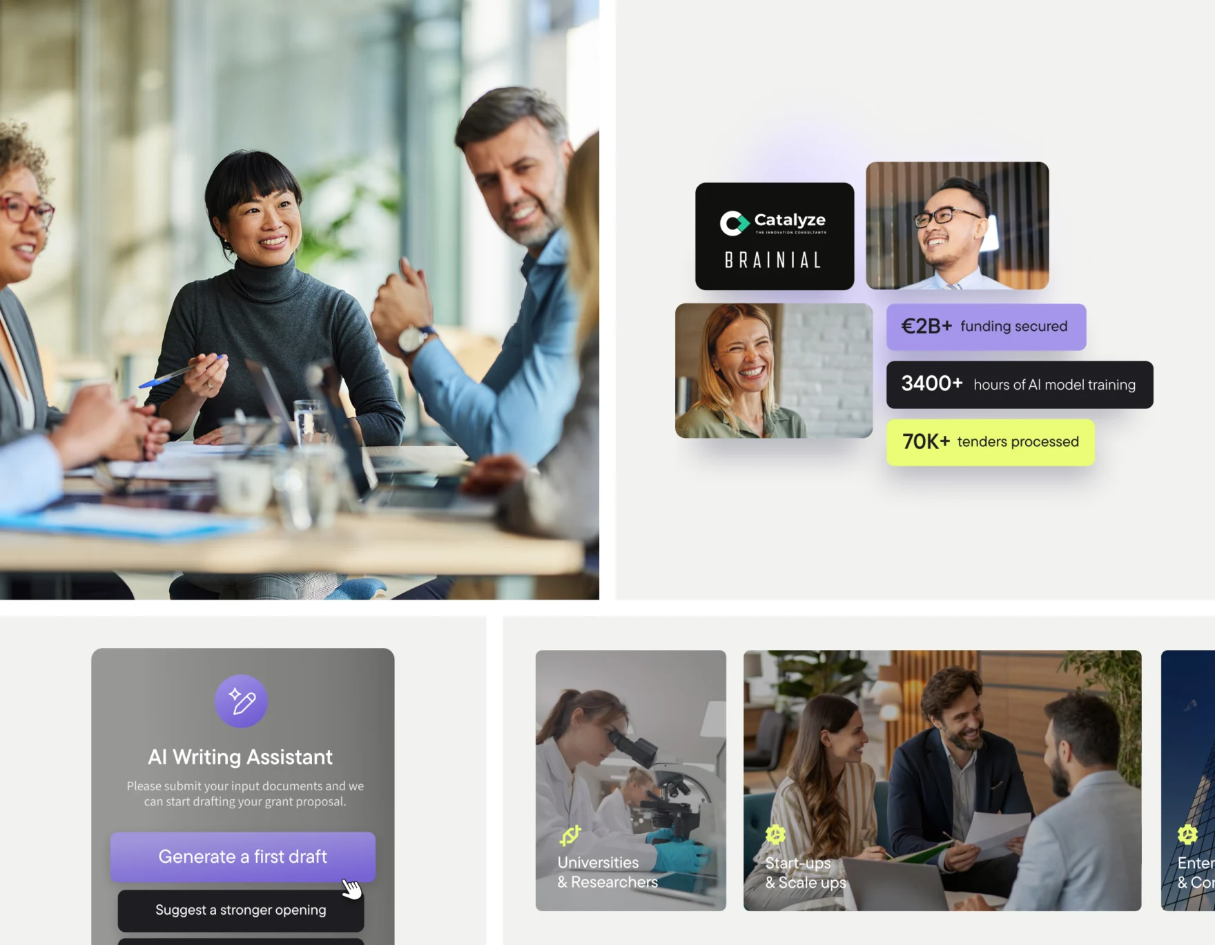 Collage of Grantific team photos and AI writing assistant interface
