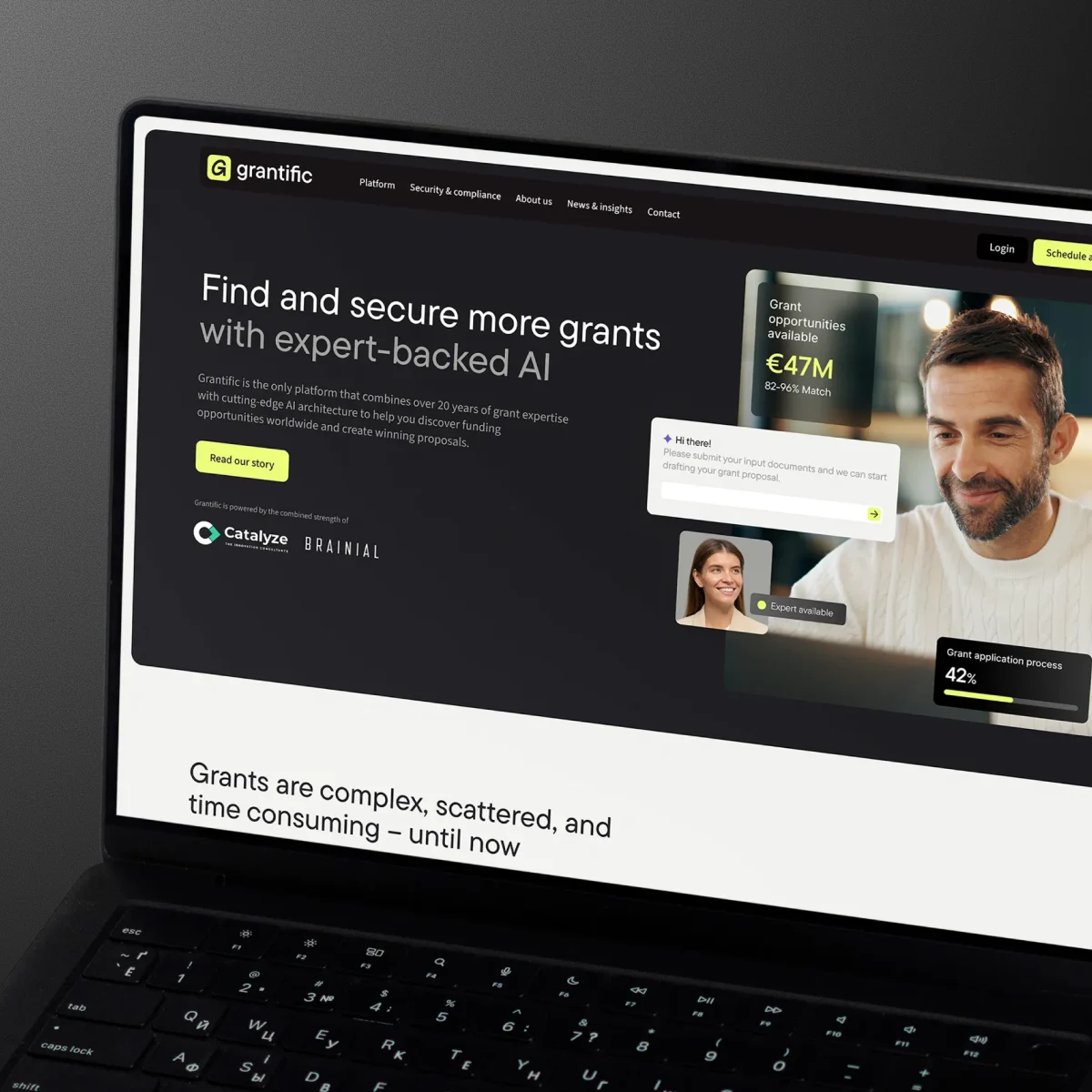Grantific homepage displayed on a laptop screen, featured case study image