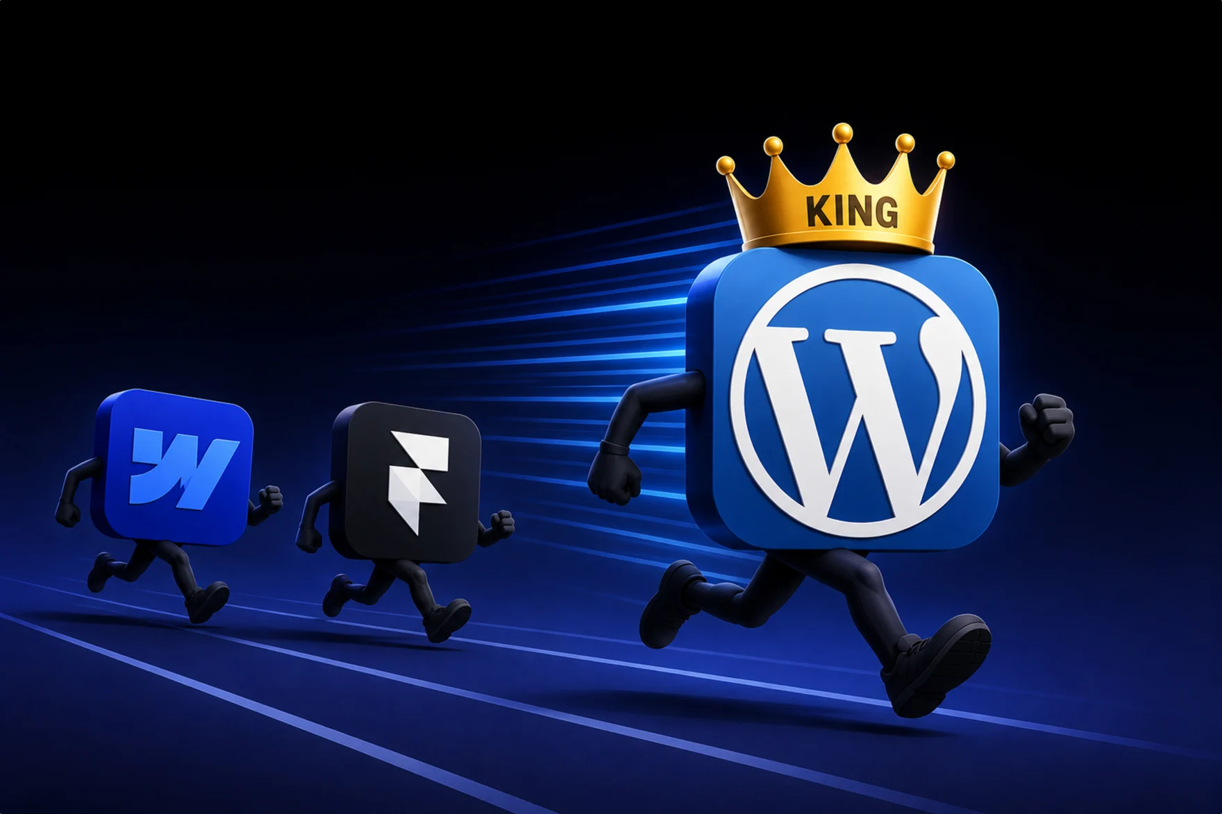 WordPress logo wearing a crown running ahead of Webflow and Framer logos on a track.