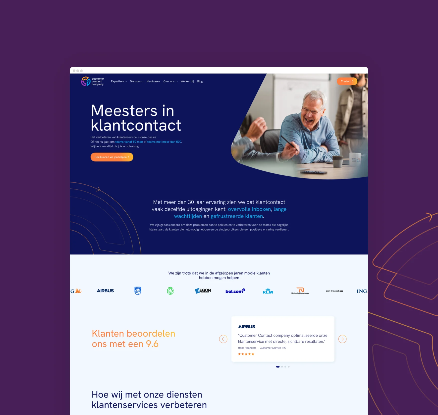 Homepage layout of the Customer Contact Company website with client logos.