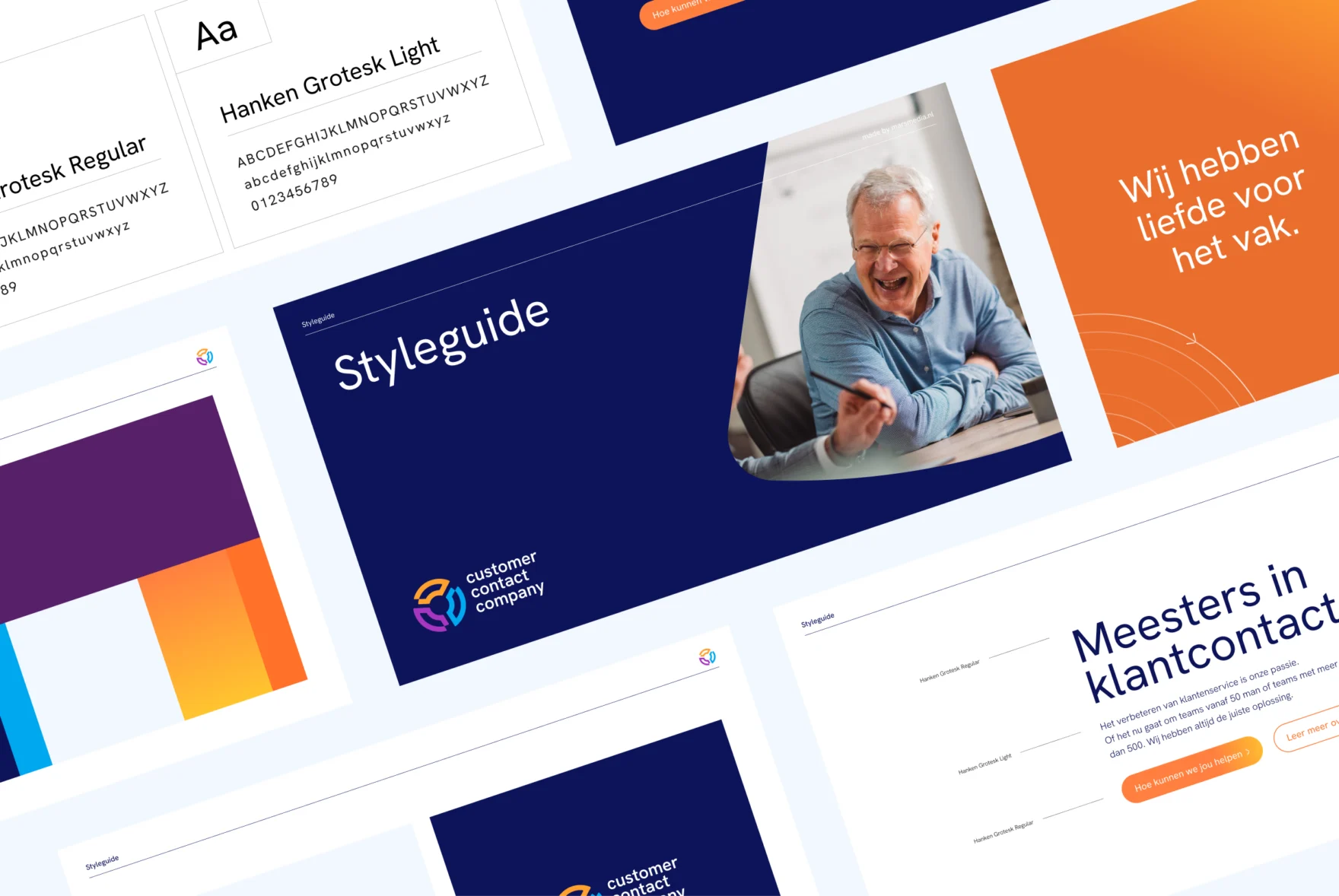 Brand style guide and visual design elements for Customer Contact Company.