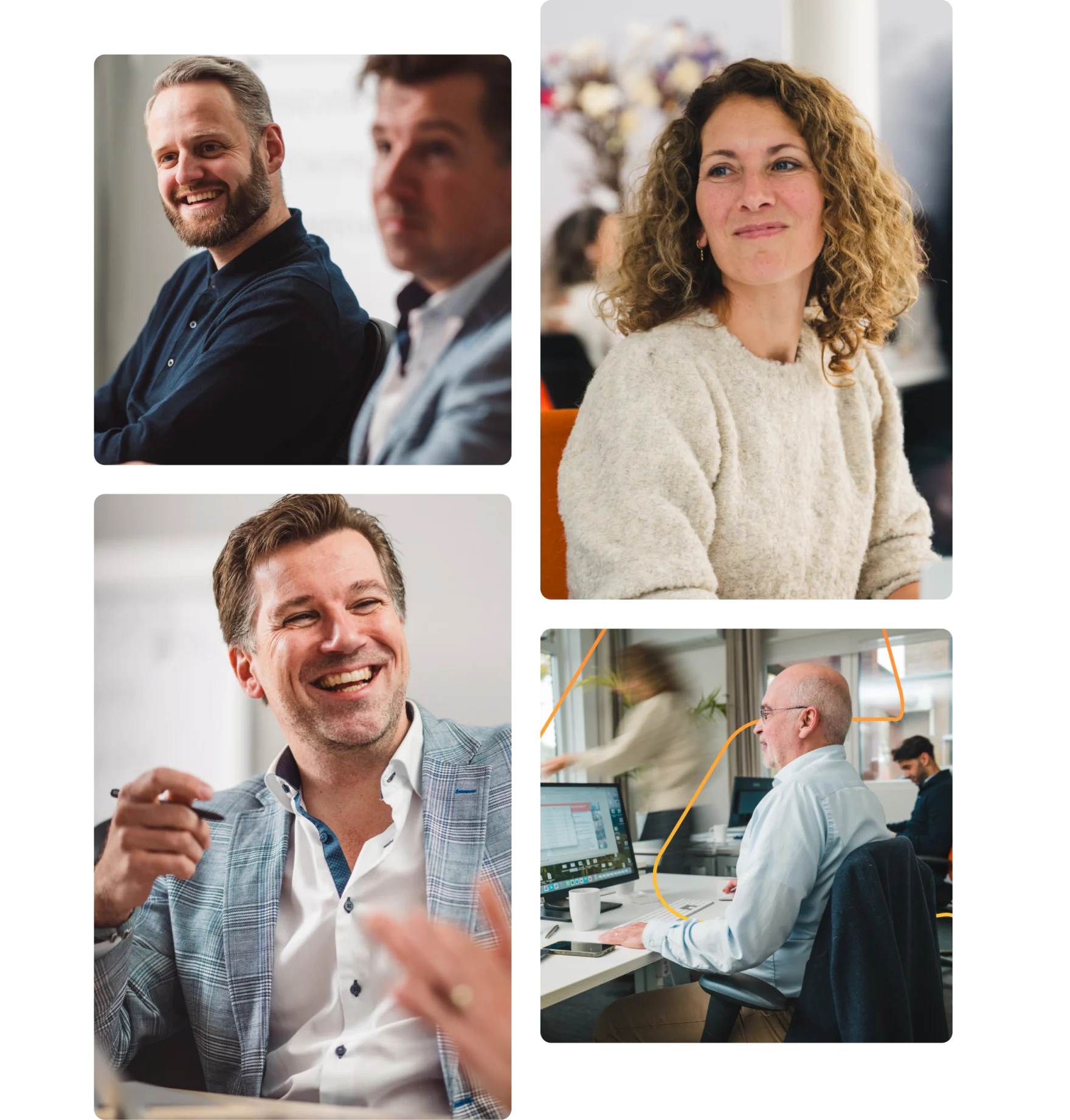 Collage of colleagues smiling during meetings and working at desks in an office