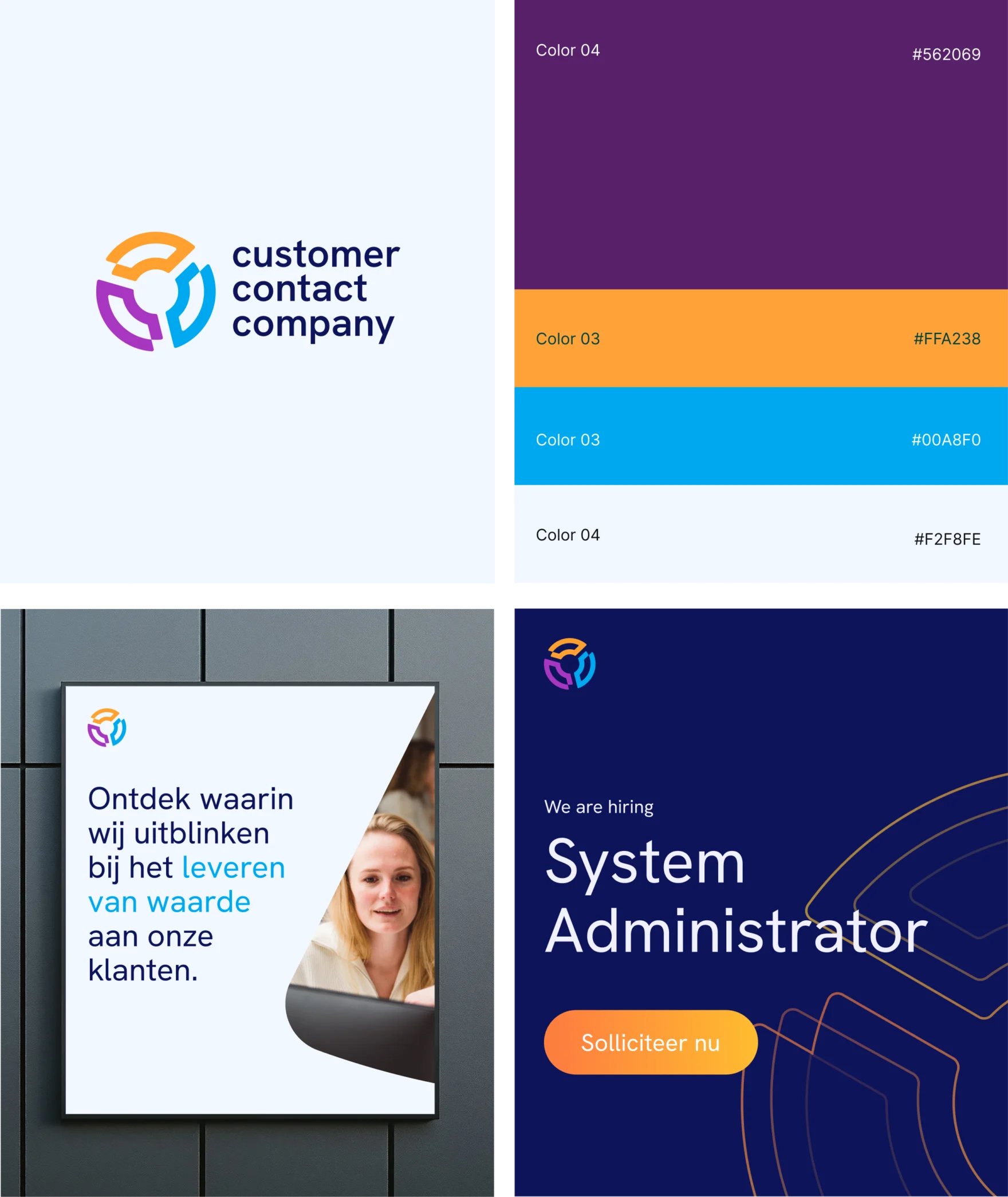 Brand identity showcase for Customer Contact Company featuring logo, color palette, and marketing collateral.