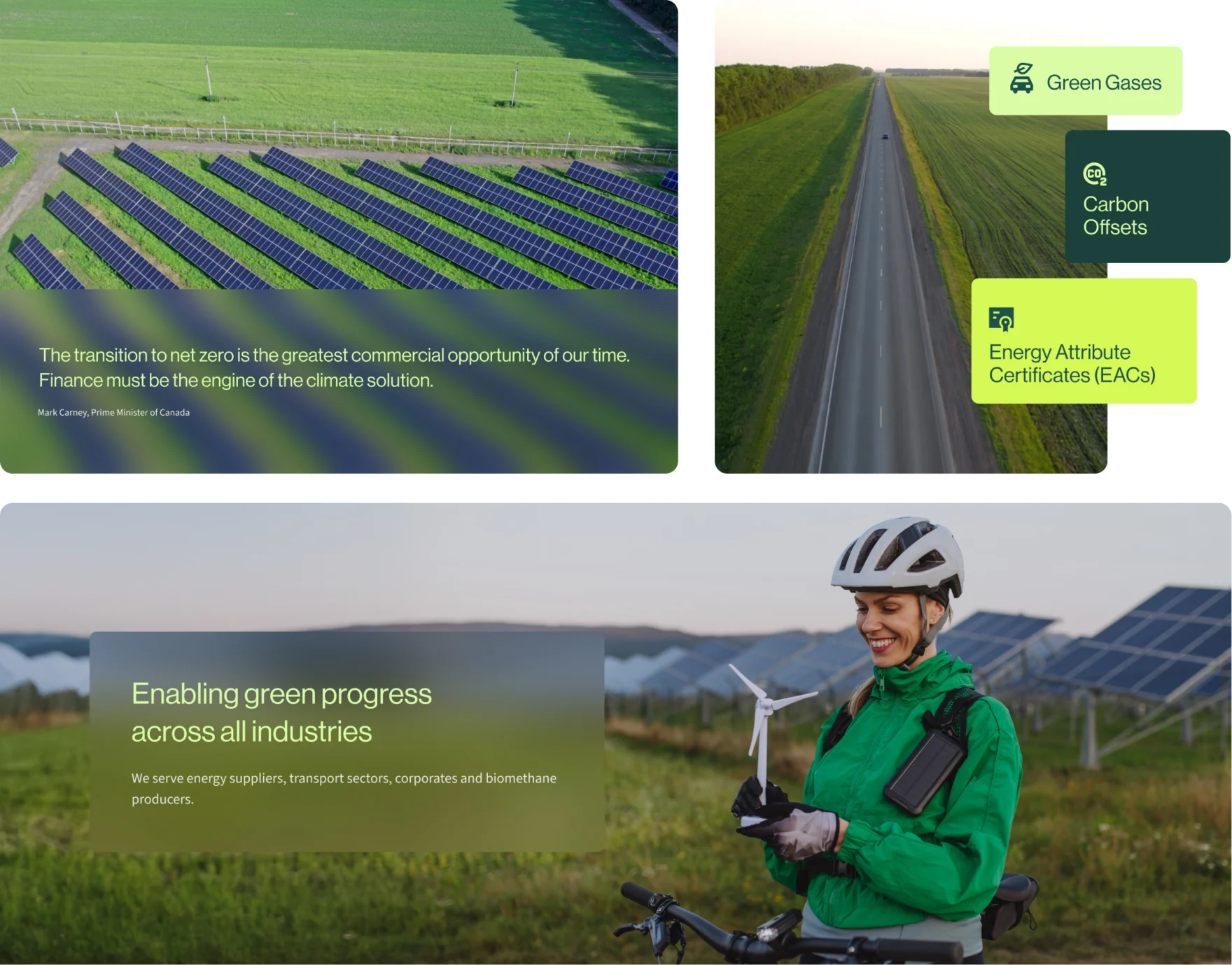 Website interface components showcasing renewable energy solutions, solar panels, and clean energy topics.