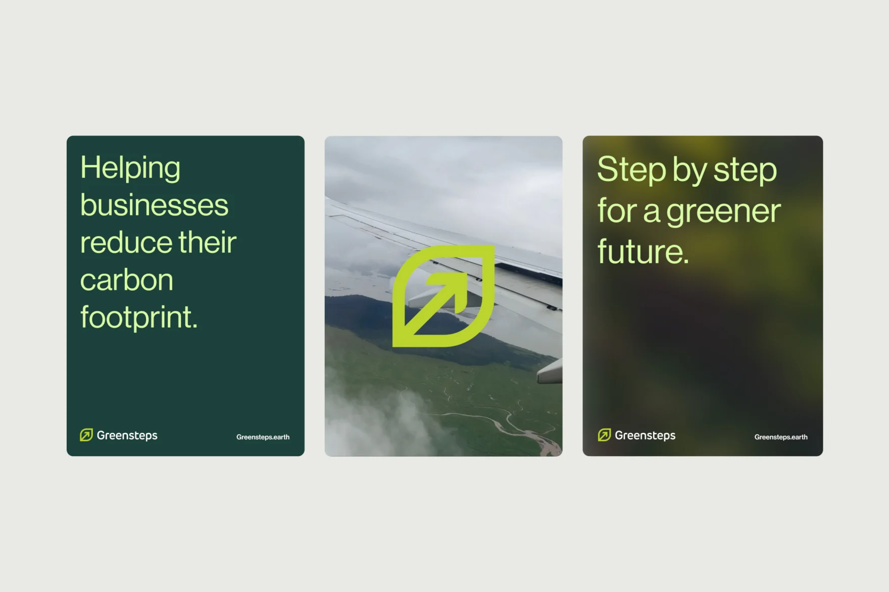 Three social media cards designed for Greensteps featuring sustainability slogans and branding.