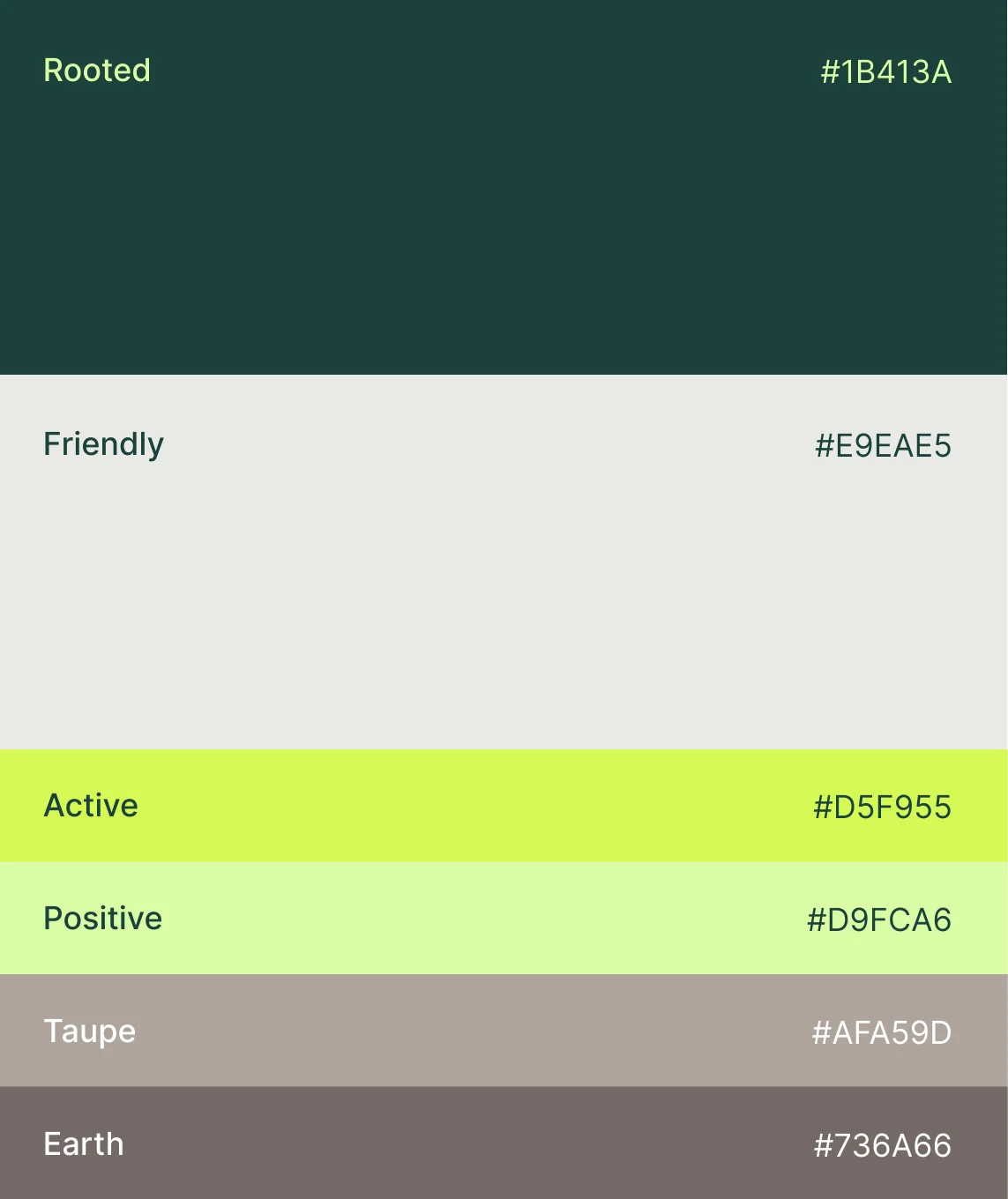 Brand color palette displaying swatches with descriptive names and hex color codes.