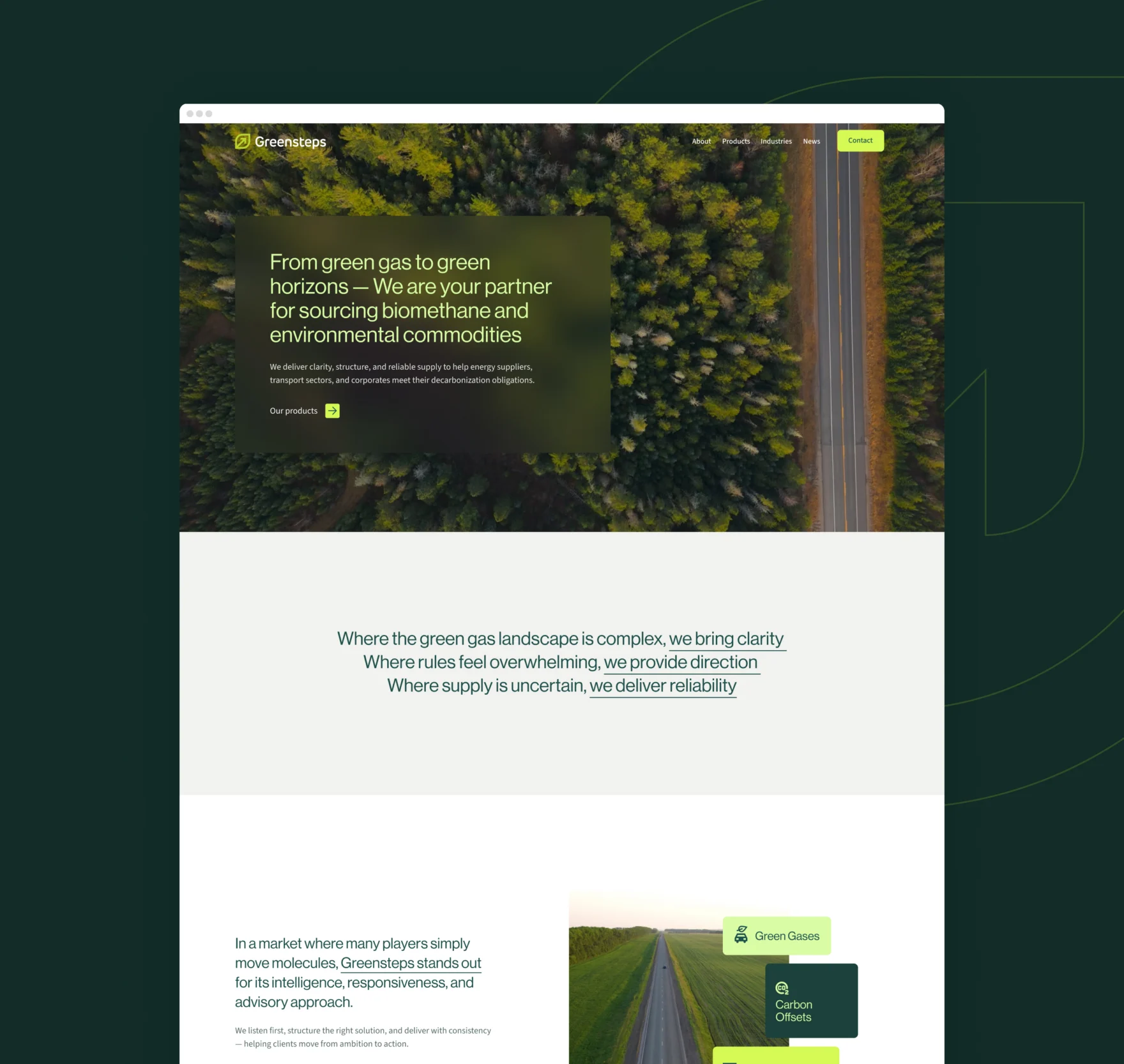 Homepage of the Greensteps website featuring green energy branding and nature photography.