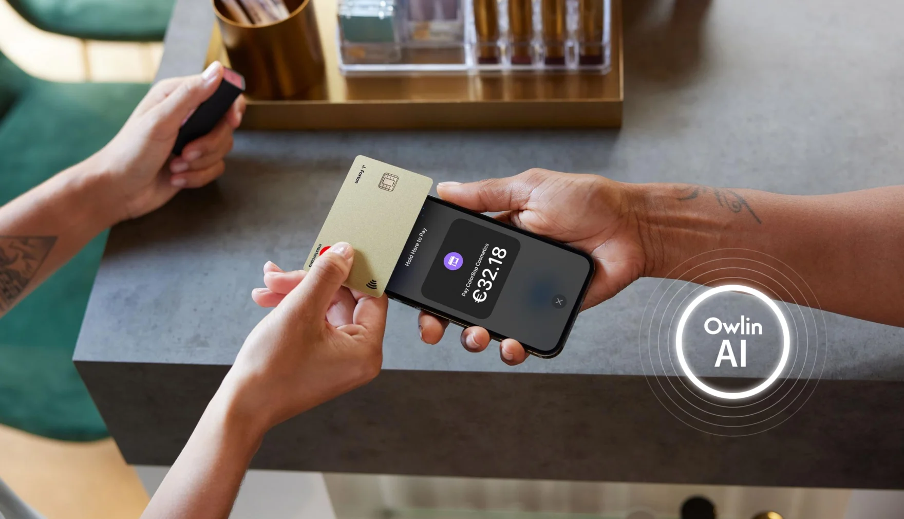 Contactless credit card payment on a smartphone with the Owlin AI logo overlay.