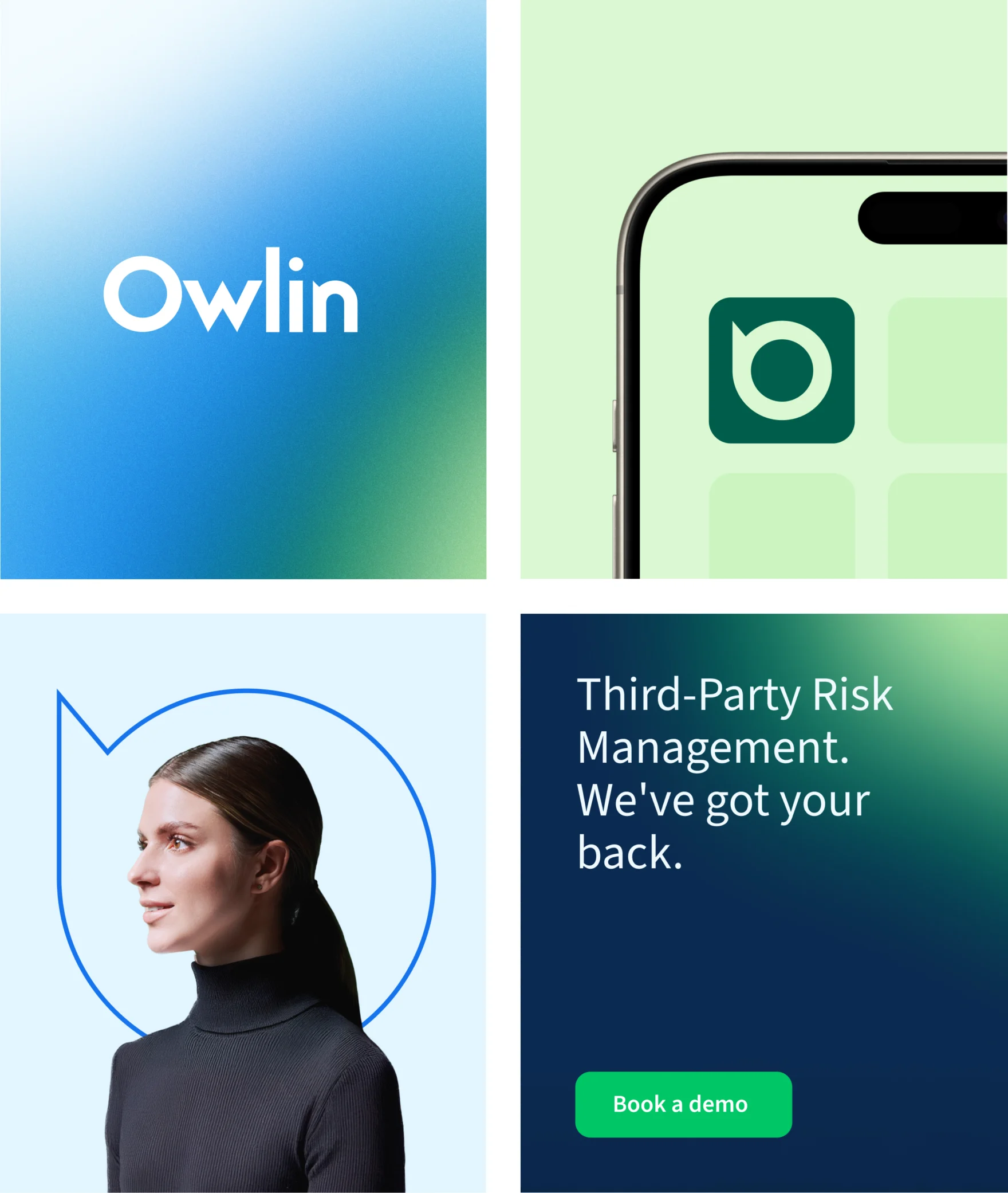 Brand design assets for Owlin featuring logo, mobile app icon, portrait, and UI copy.
