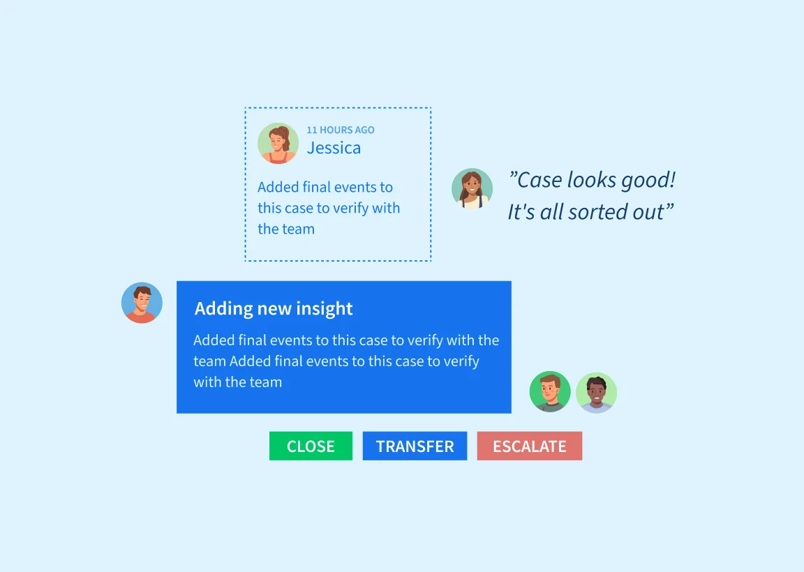 UI components displaying case management updates, user comments, avatars, and action buttons.