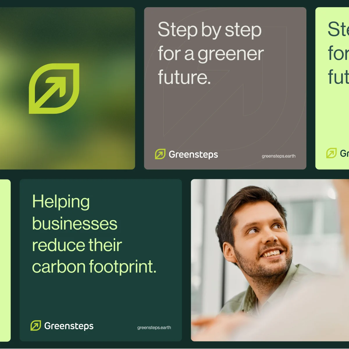 Branding and social media cards for Greensteps featuring sustainability slogans and leaf logo.
