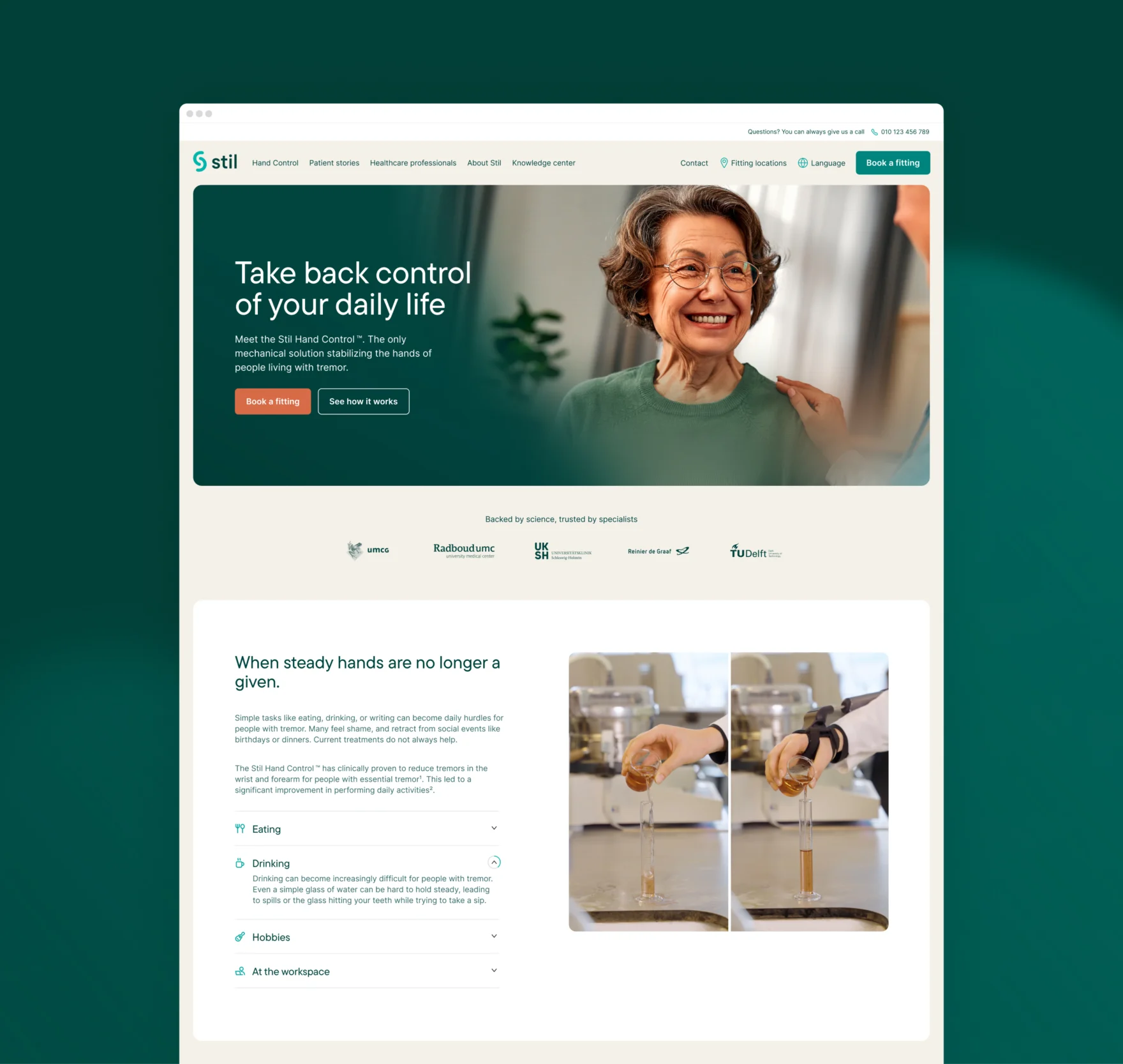 Homepage of the Stil website showcasing assistive technology for stabilizing hand tremors.