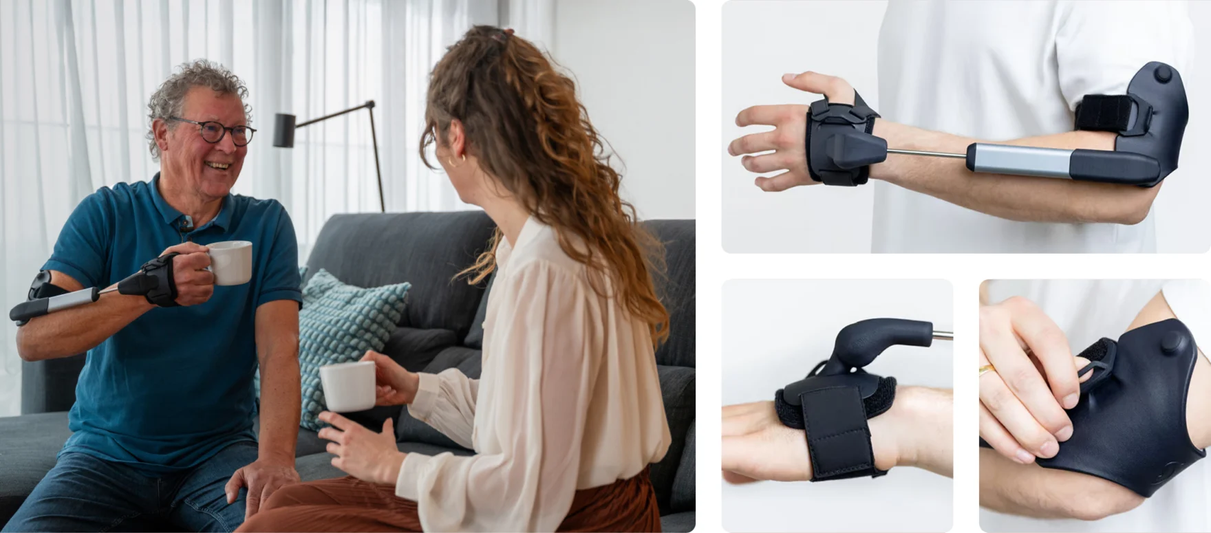 Man using an anti-tremor arm orthosis alongside close-up views of the wearable device.
