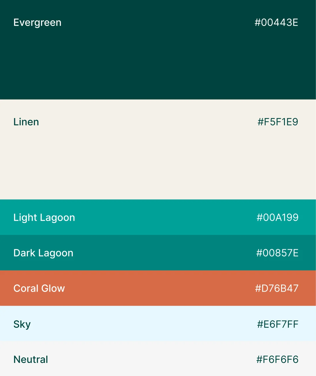 Brand color palette featuring swatches with color names and hex codes.