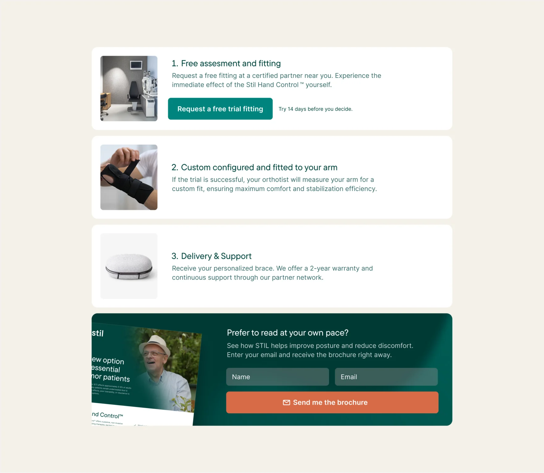 Website sections showing three-step fitting process and brochure request form for STIL