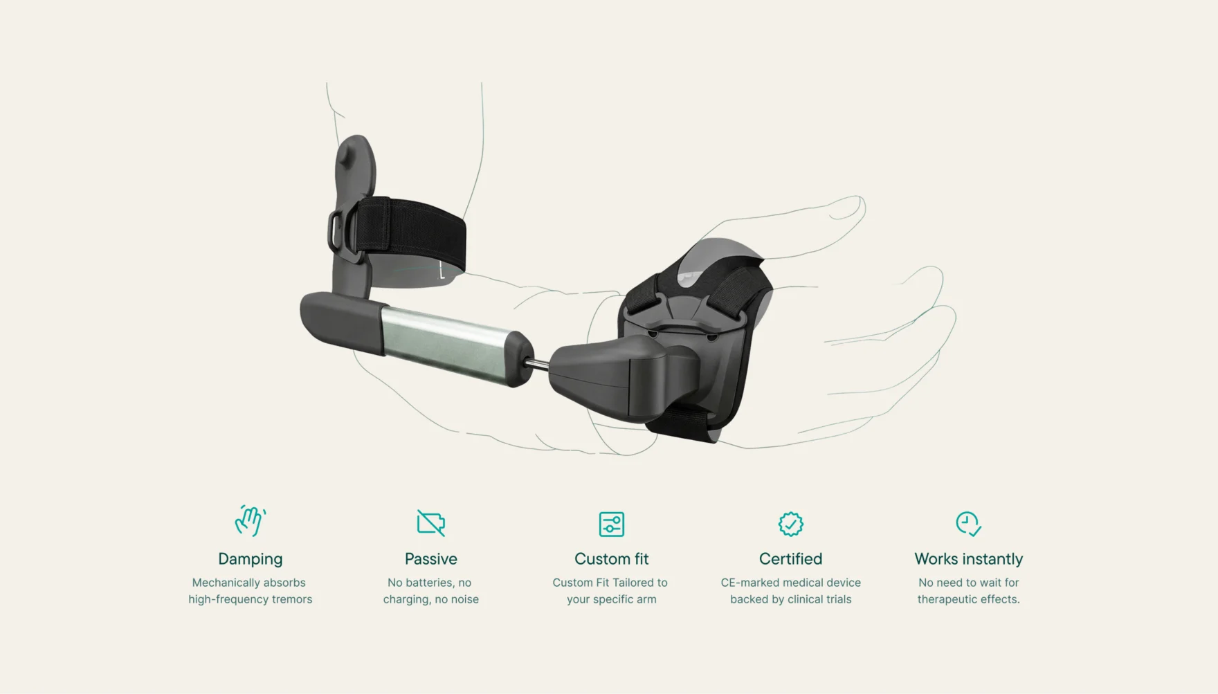 STIL tremor-dampening orthosis worn on an outlined arm above key product features.