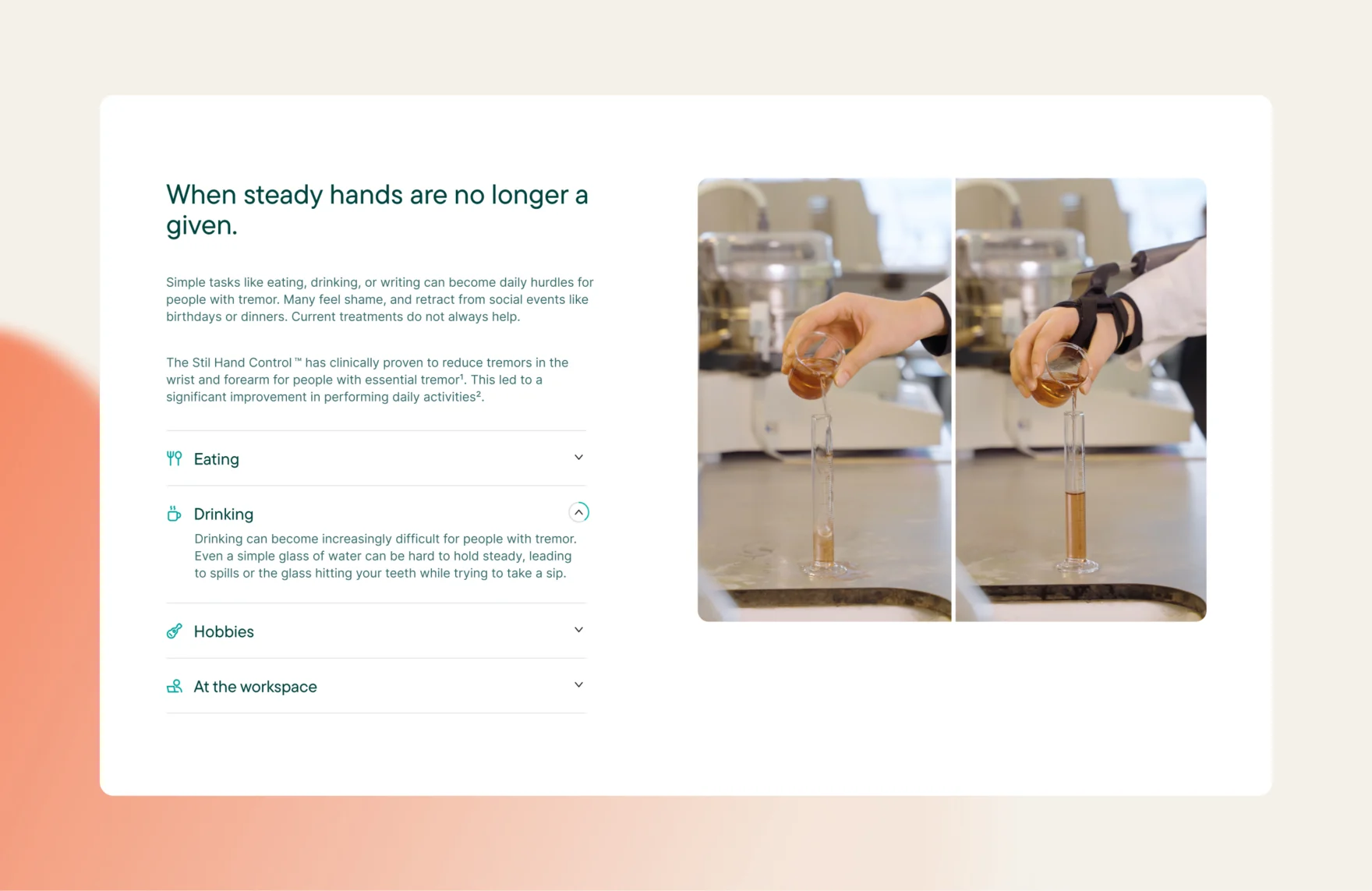 STIL website section showcasing use cases and comparisons for the Stil Hand Control device.